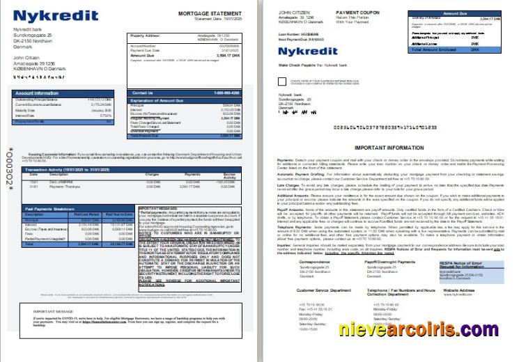 Denmark Nykredit bank mortgage statement, 3 pages, 1-2
